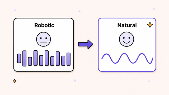 Comparison of old robotic text-to-speech with a jagged waveform versus a natural AI voiceover with a smooth soundwave