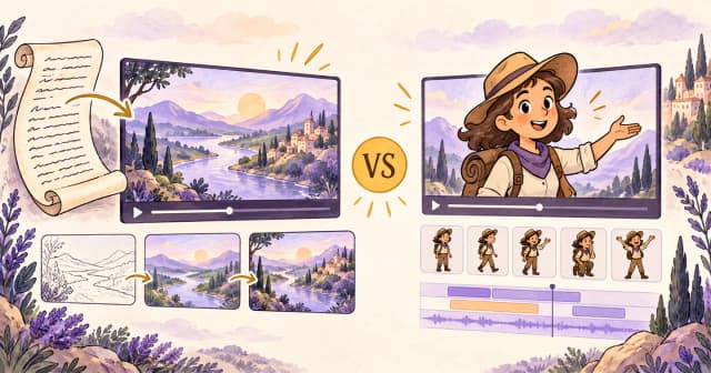 A script becoming illustrated river scenes beside a cartoon explorer animation workspace
