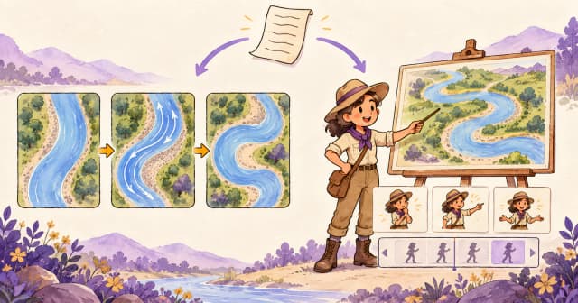 One river lesson branching into a sequence of illustrations and a cartoon explorer presenting a river map