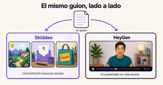 El mismo guion en dos formatos: escenas ilustradas de Skiddee y un presentador de HeyGen