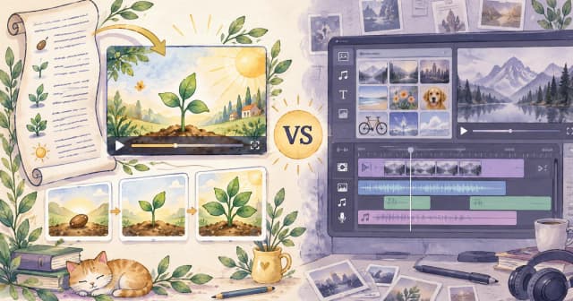 A script becoming illustrated plant scenes beside a traditional video editing workspace