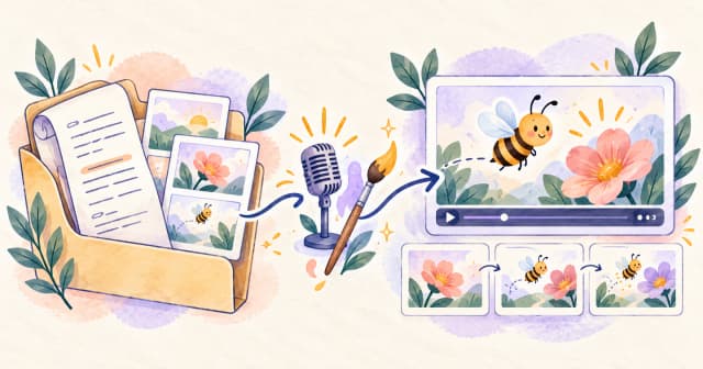 Saved narration and storyboard cards becoming a new illustrated bee-and-flower explainer