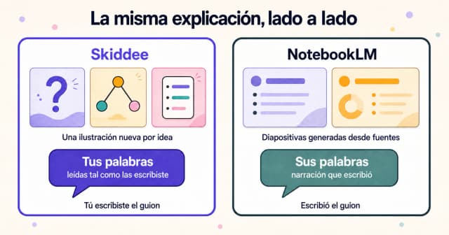 El mismo tema como escenas ilustradas con tus palabras en Skiddee y como diapositivas con palabras de NotebookLM