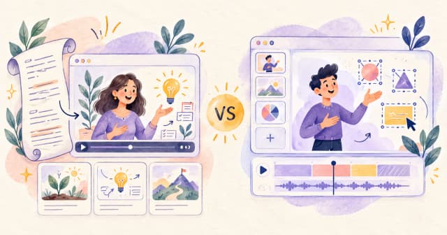 An illustrated script-to-video workflow beside an editable cartoon presentation workspace