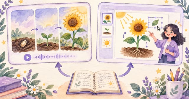 A plant lesson branching into progressively illustrated scenes and an editable cartoon classroom presentation
