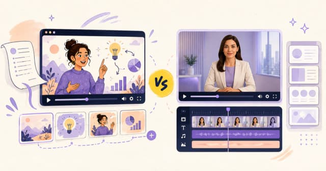 Skiddee's illustrated video workflow compared with an AI avatar and video-editing workspace