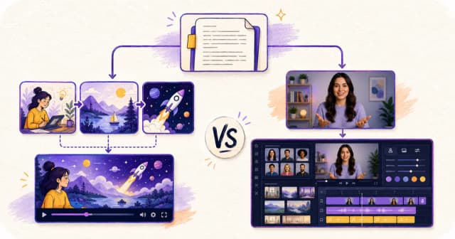 One script branching into Skiddee's illustrated scenes and Vyond's avatar-plus-editor workflow