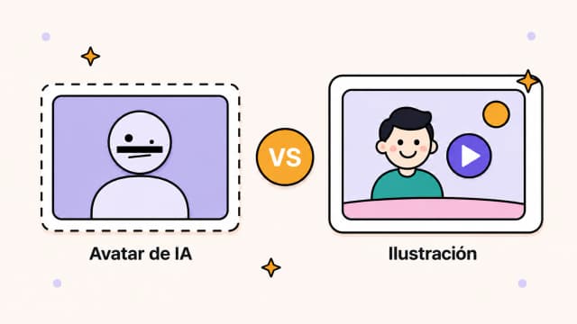 Avatar de IA con apariencia poco natural frente a una escena ilustrada