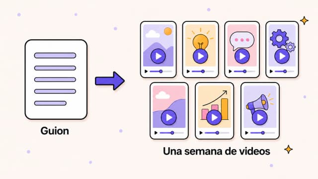 Un guion breve que se convierte en clips verticales terminados para una semana: una cuadrícula de siete pequeños marcos de teléfono agrupados a partir de un guion para TikTok, Reels y Shorts