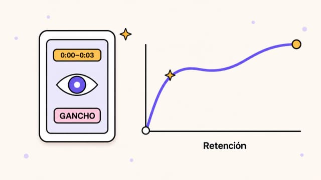 Teléfono vertical de 9:16 con una frase inicial destacada durante los primeros segundos y una curva de retención ascendente para TikTok, Reels y YouTube Shorts