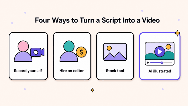 Four labeled option cards comparing ways to turn a script into a video: record yourself with a camera, hire an editor for a fee, a stock-footage tool, and AI illustrated video highlighted as the recommended choice