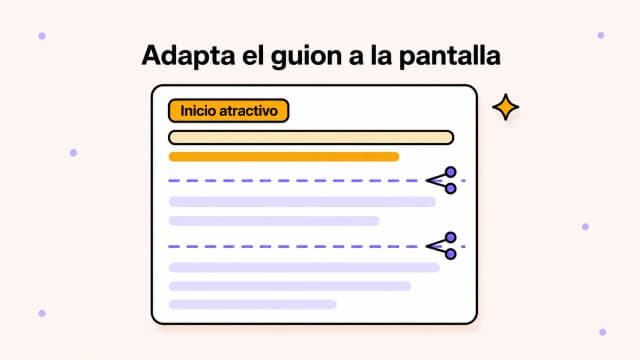 Documento de guion con una frase inicial resaltada en ámbar y divisiones entre escenas marcadas con tijeras