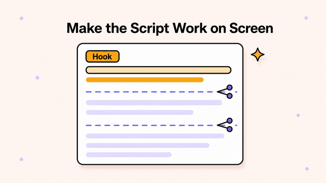 Annotated script document with an amber-highlighted hook opening line and scissors marking scene-break dividers between beats