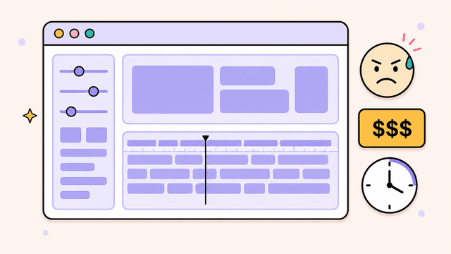Intimidating traditional animation editor with a dense multi-track timeline, layered panels, sliders, a dollar-sign price tag, a slow clock, and a stressed creator showing animation was hard, slow, and expensive
