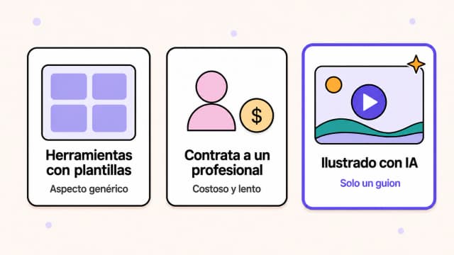Tres opciones para crear videos animados: plantillas, contratar a una persona y video ilustrado con IA a partir de un guion