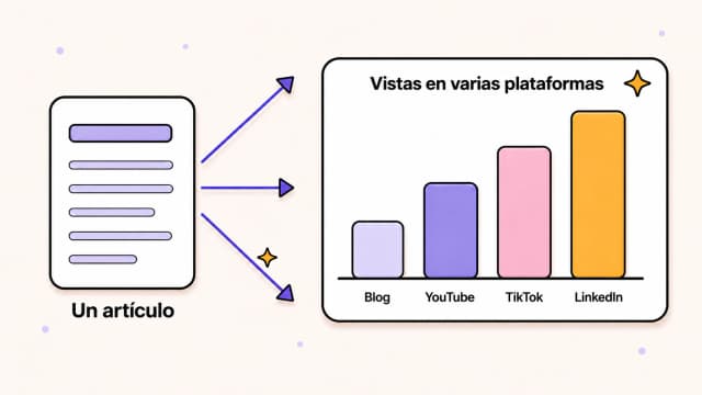 Un artículo de blog se divide en reproducciones para YouTube, TikTok y LinkedIn junto a una gráfica de barras ascendente