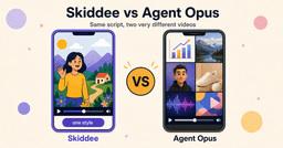 Skiddee vs Agent Opus: one consistent illustrated video frame next to a patchwork AI social video frame