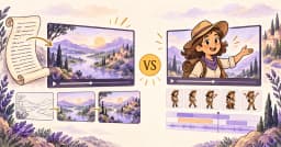 A script becoming illustrated river scenes beside a cartoon explorer animation workspace