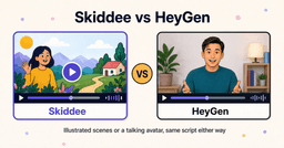 Skiddee vs HeyGen: an illustrated video frame facing off against an AI avatar presenter frame