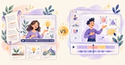 An illustrated script-to-video workflow beside an editable cartoon presentation workspace