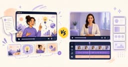 Skiddee's illustrated video workflow compared with an AI avatar and video-editing workspace