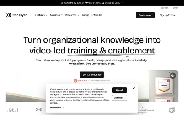 The Colossyan homepage, an AI avatar video tool for workplace training