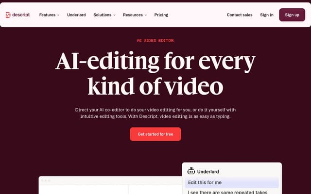 The Descript homepage, a transcript-based AI video editor