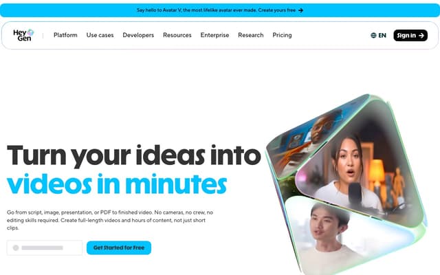 The HeyGen homepage, an AI avatar video platform