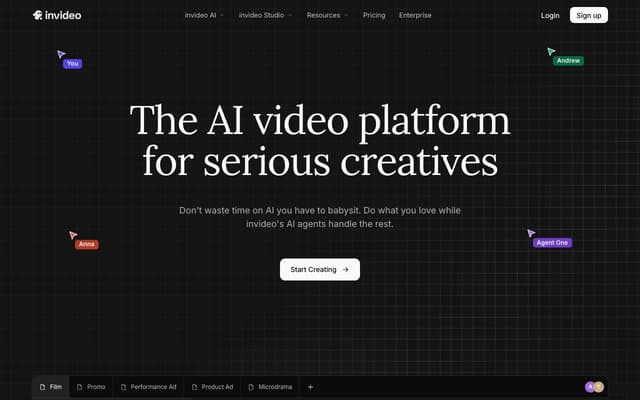 The InVideo homepage, an AI video platform with a template editor