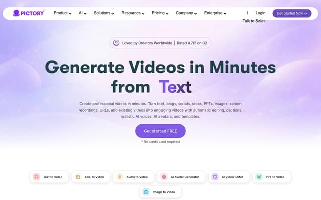 The Pictory homepage, which turns text into videos with stock footage