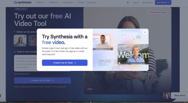 Synthesia's website offering a free AI avatar video trial, with talking-head presenters on camera